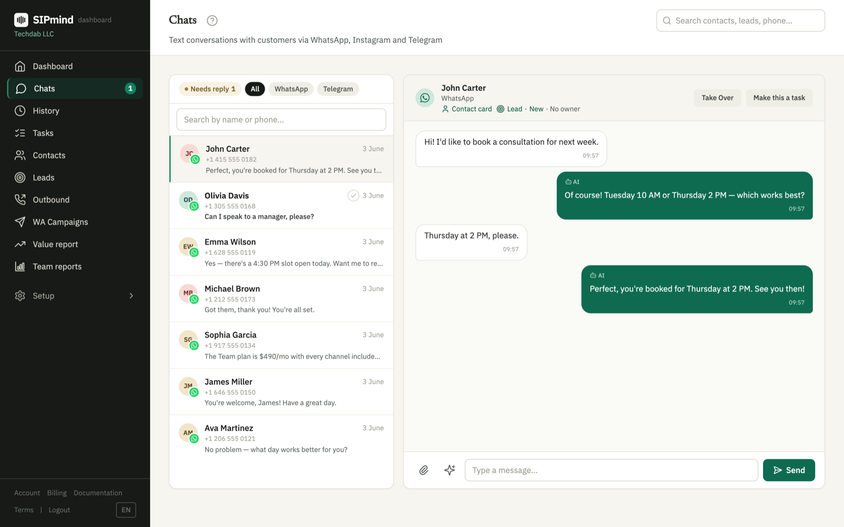 The Chats screen of the SIPmind dashboard: WhatsApp conversations on the left, an open conversation with the AI’s replies on the right, Take Over and Make this a task buttons