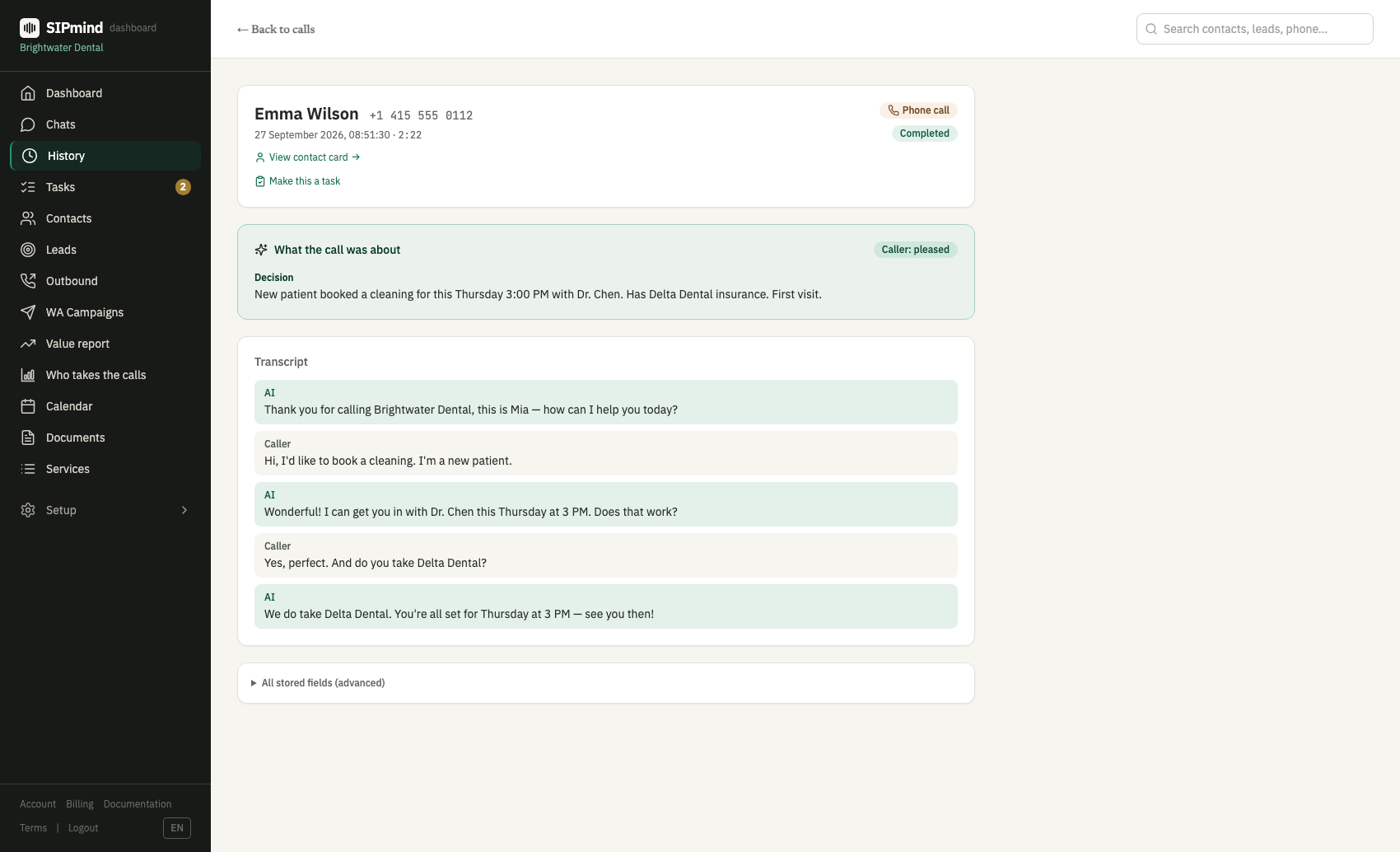 Call detail: transcript with AI summary